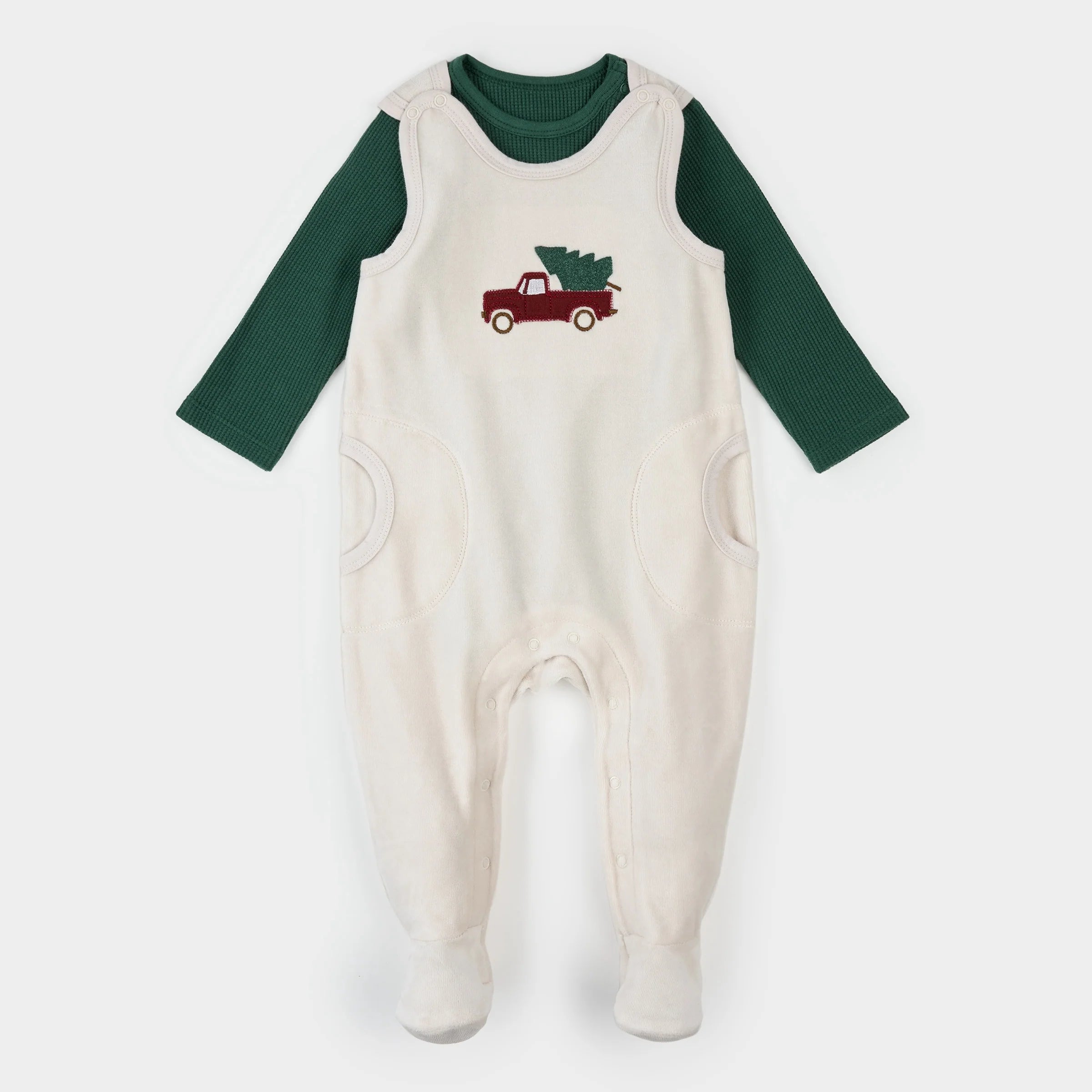 Dark Green Striped Thermal Overall Set