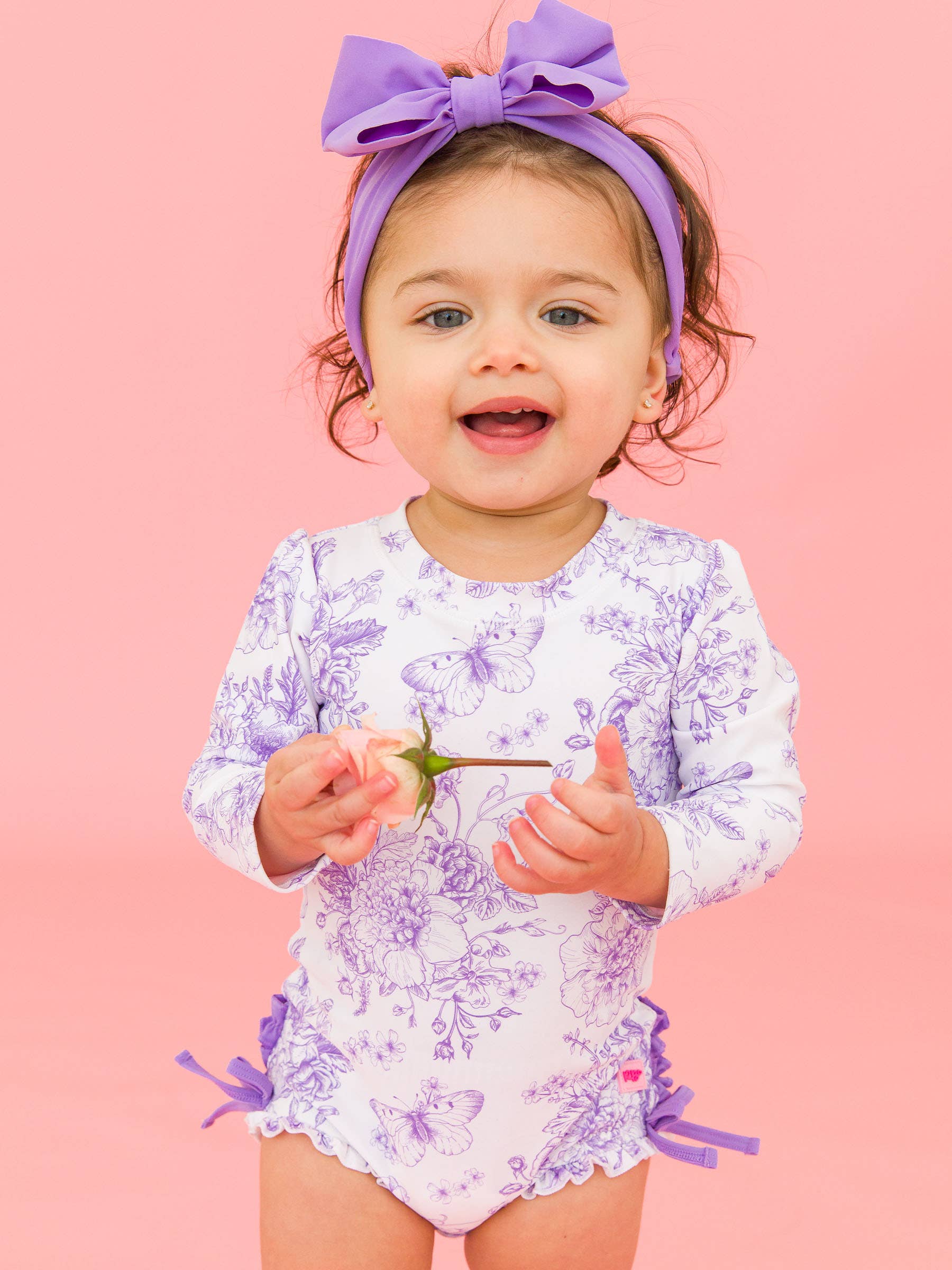 Wisteria Purple Butterfly Garden Toile Long Sleeve One Piece Swimsuit