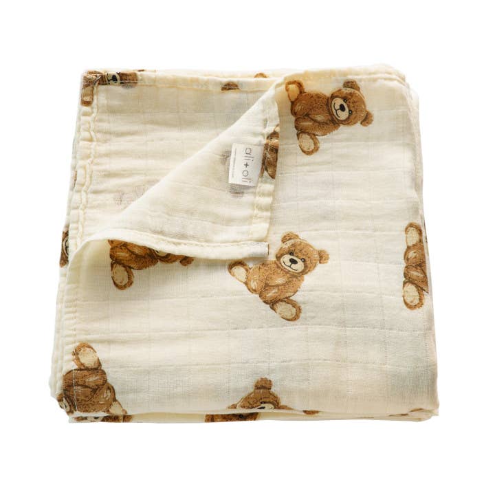 Bamboo Muslin Swaddle Baby Blanket | Teddy Bear