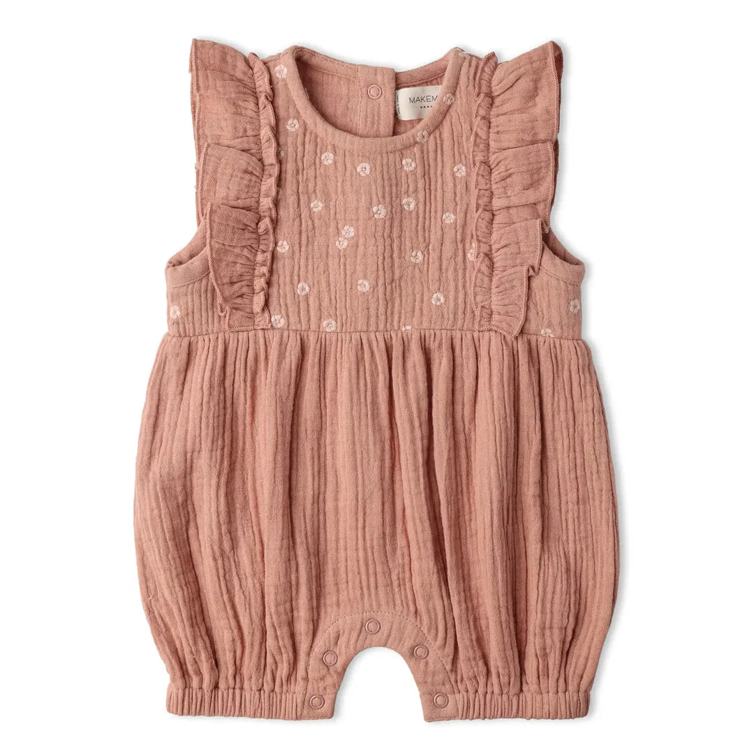Embroidered Ruffle Romper | Clay
