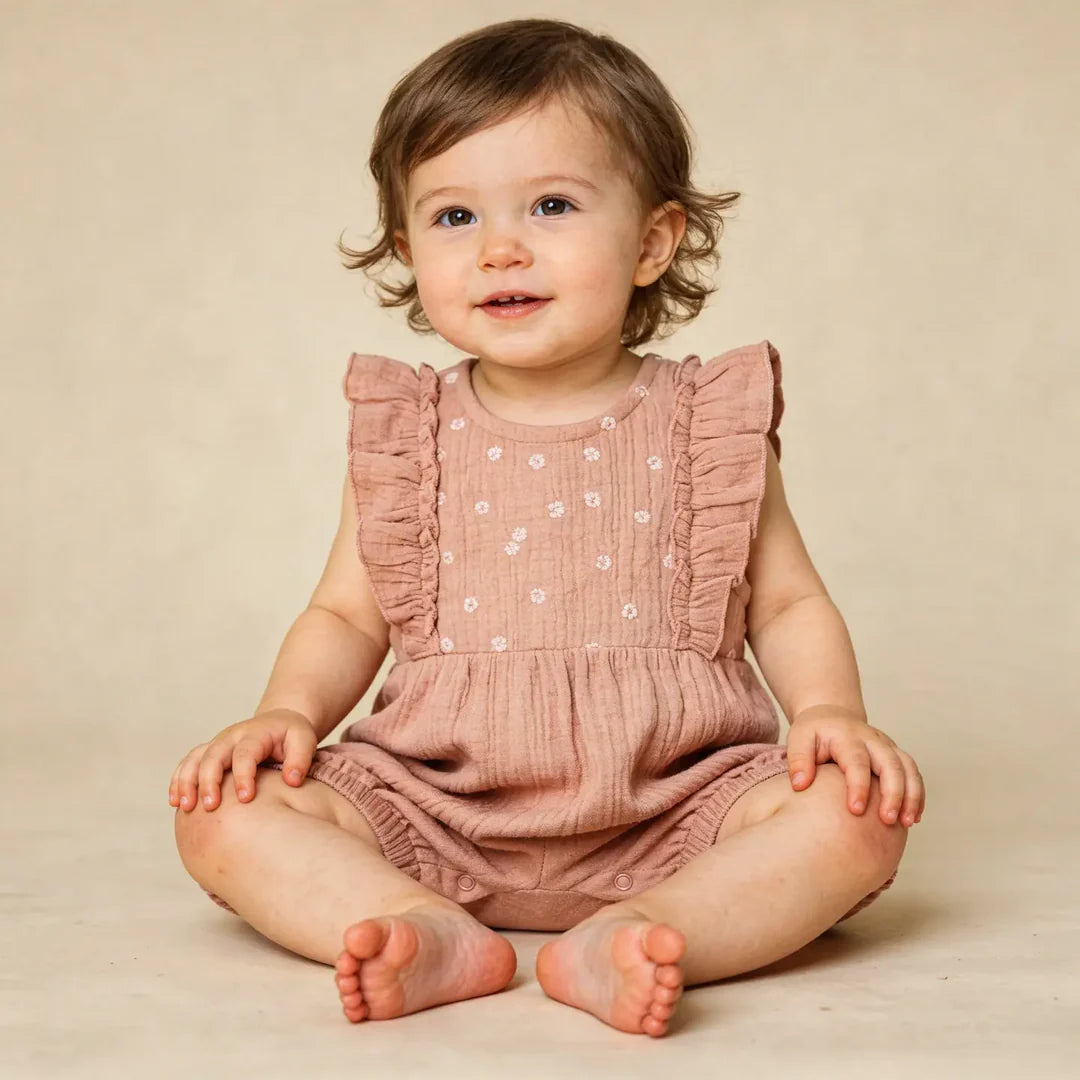 Embroidered Ruffle Romper | Clay
