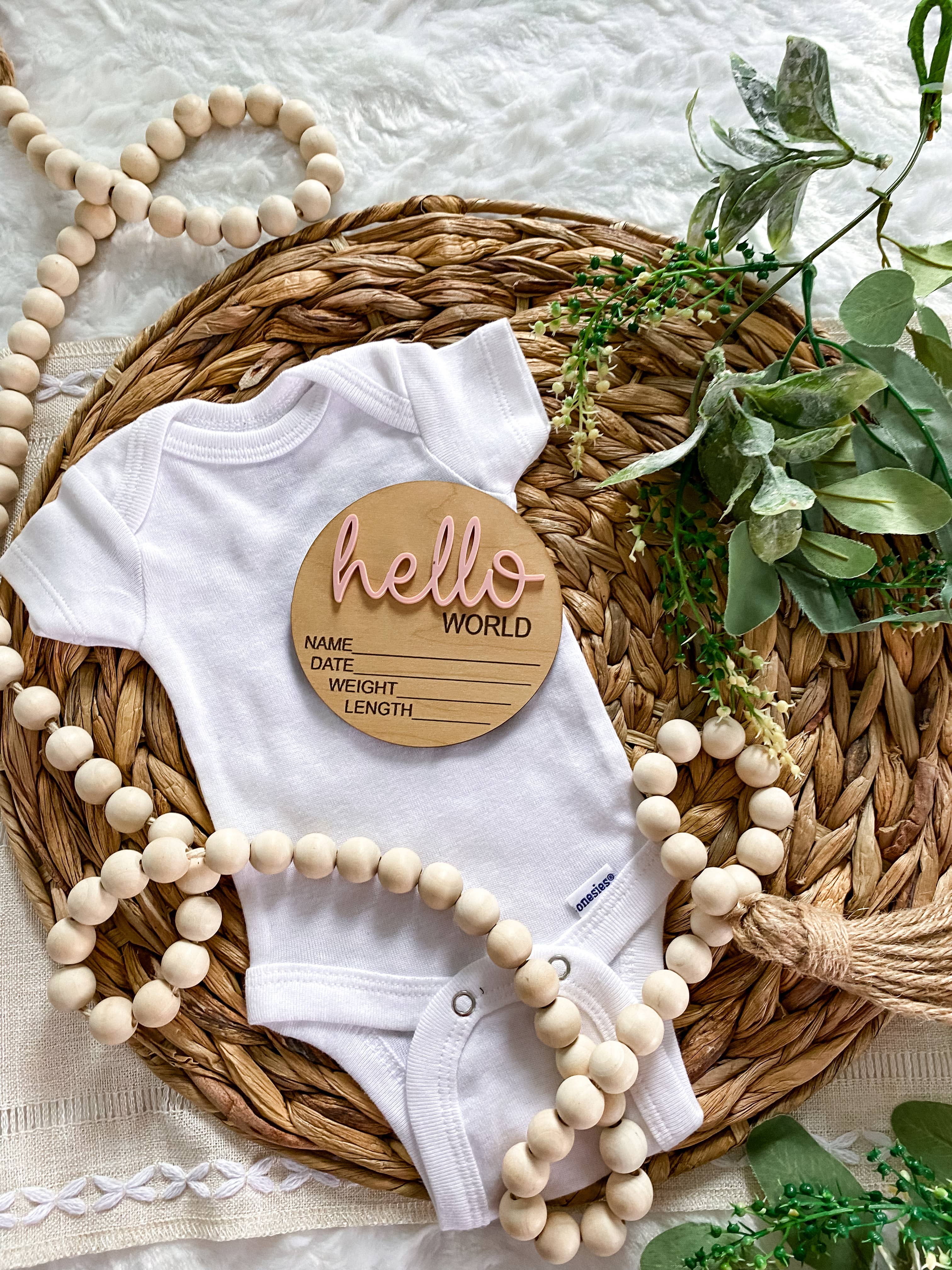Hello World Birth Stat Announcement Wood Disc