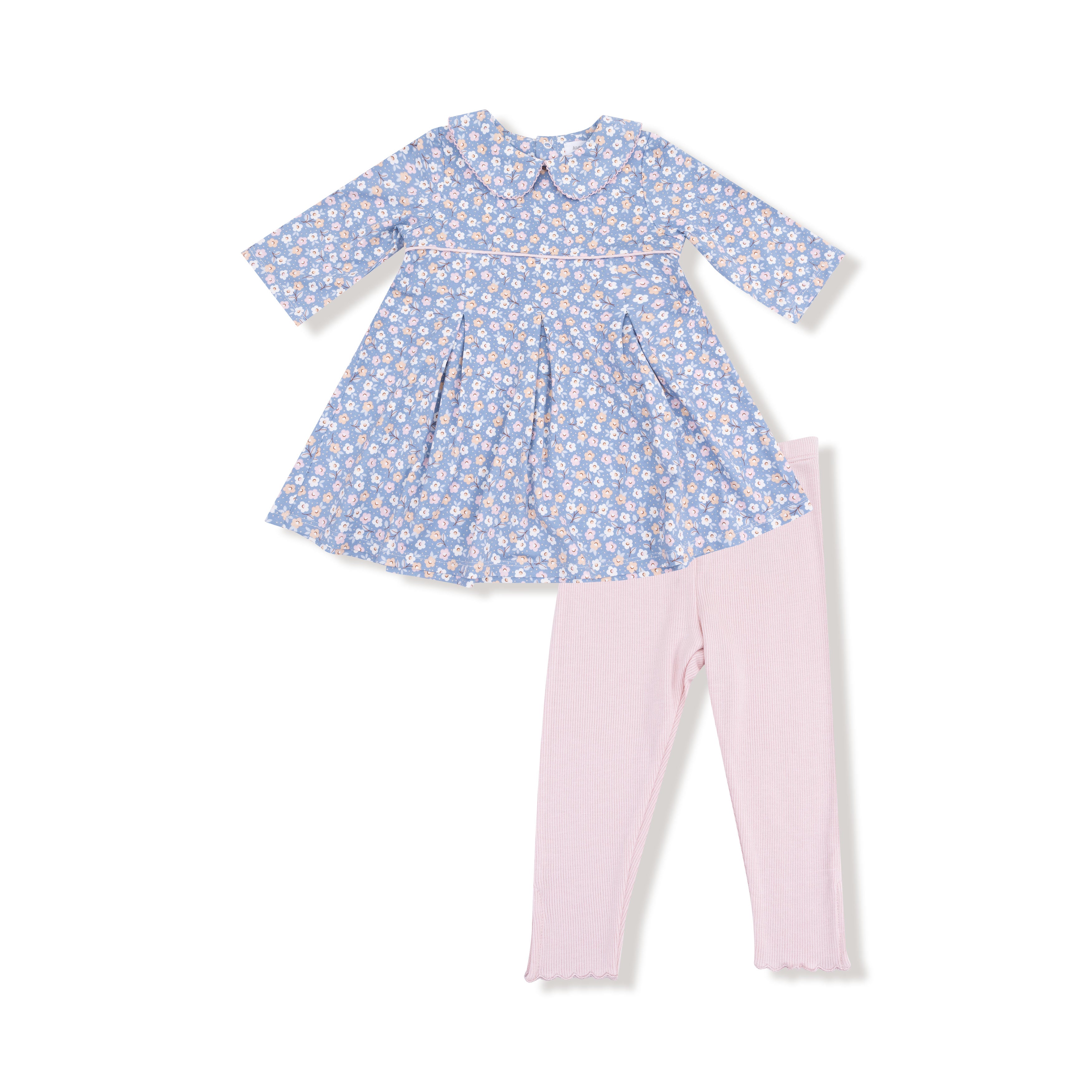 Country Calico Box Pleat Dress with Peterpan Collar & Rib Leggings