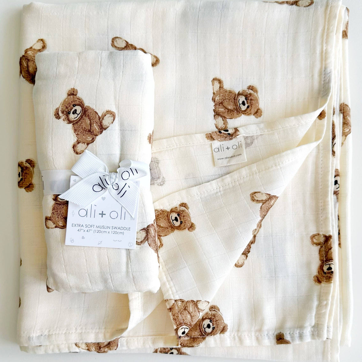 Bamboo Muslin Swaddle Baby Blanket | Teddy Bear