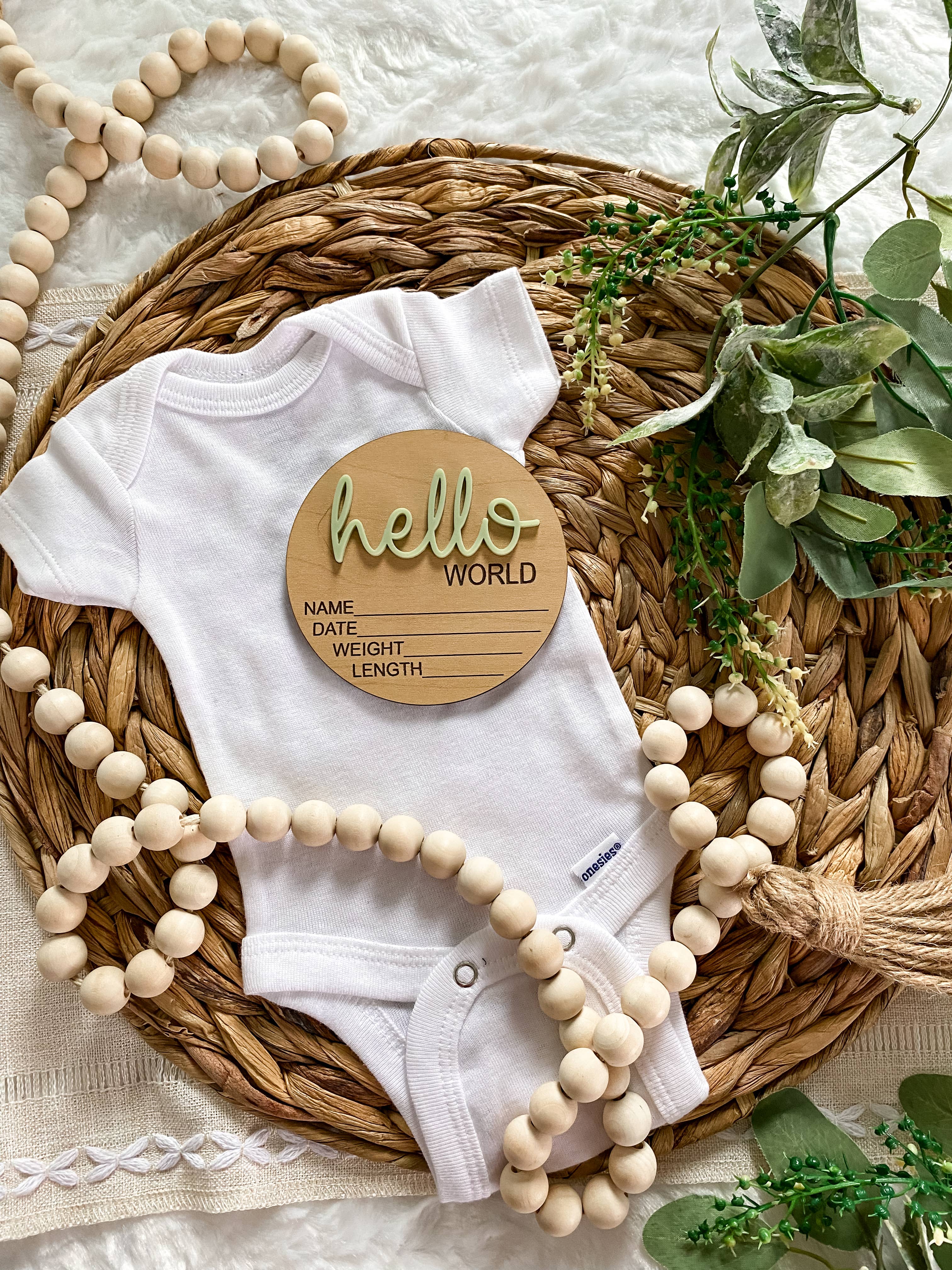 Hello World Birth Stat Announcement Wood Disc
