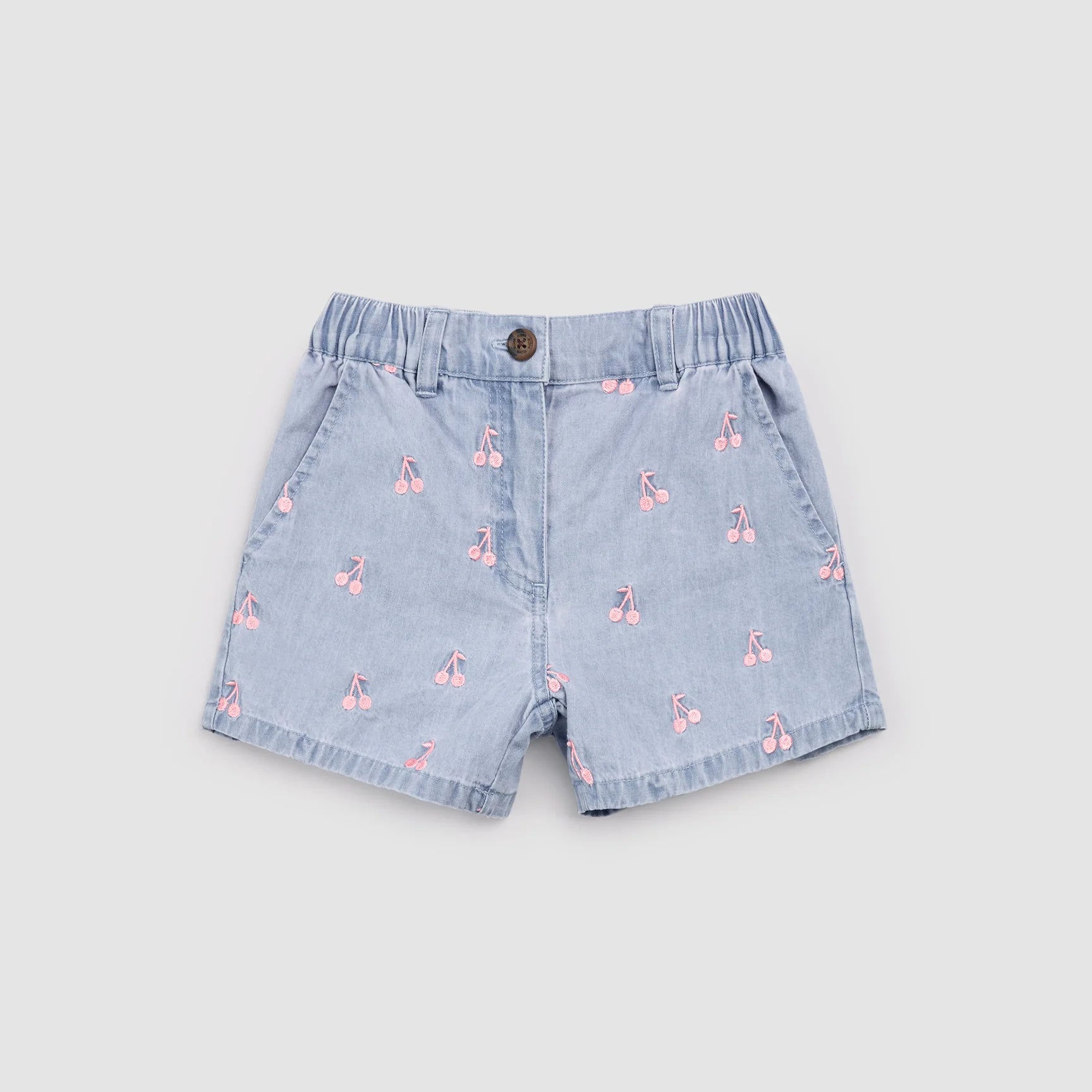 Cherries Embroidery on Chambray Shorts