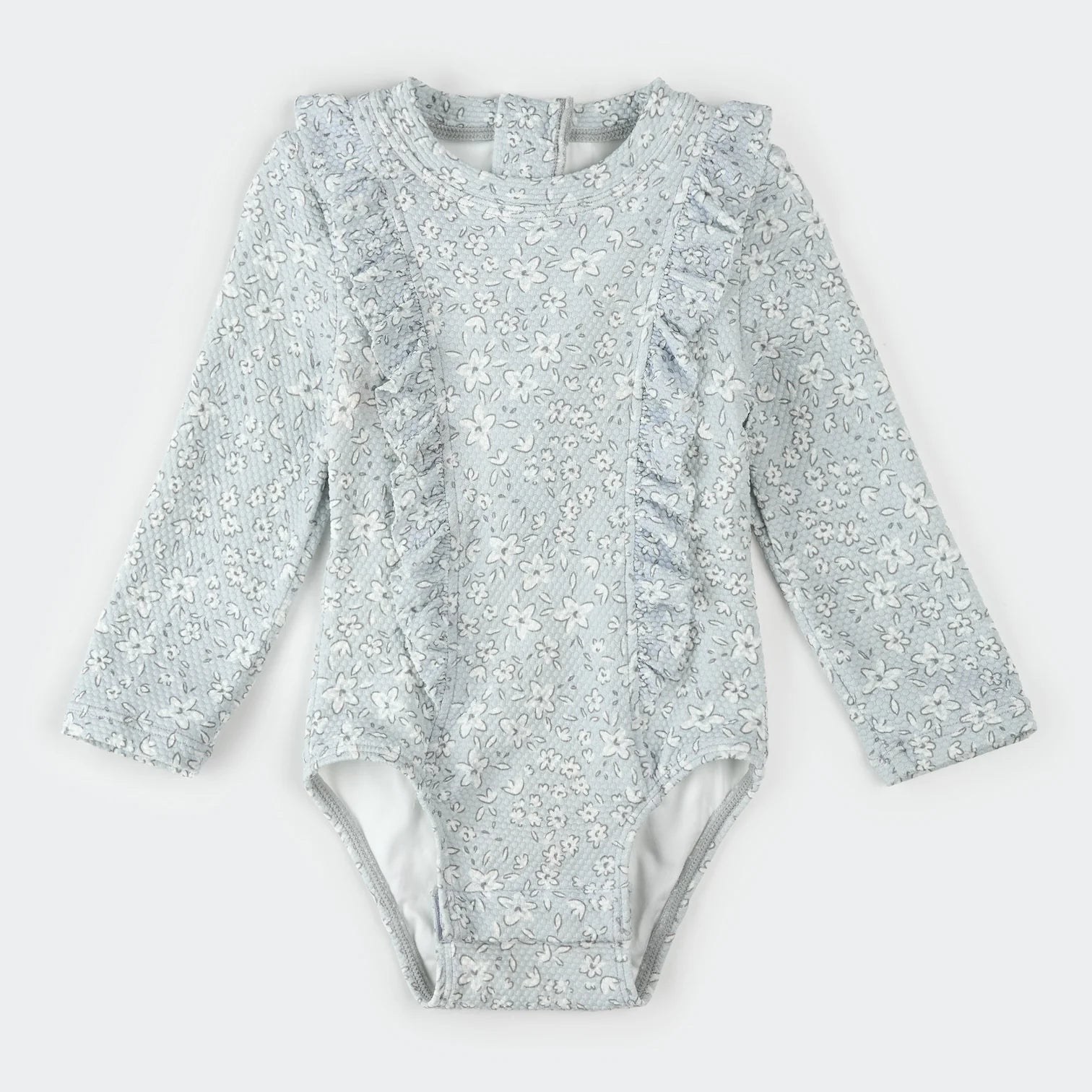 Vintage Flowers Print on Powder Blue Long-Sleeve One-Piece Swimsuit