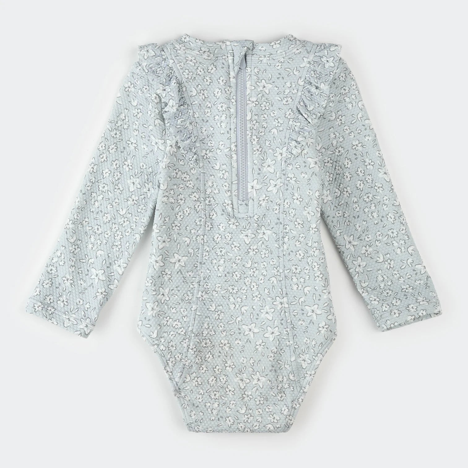 Vintage Flowers Print on Powder Blue Long-Sleeve One-Piece Swimsuit