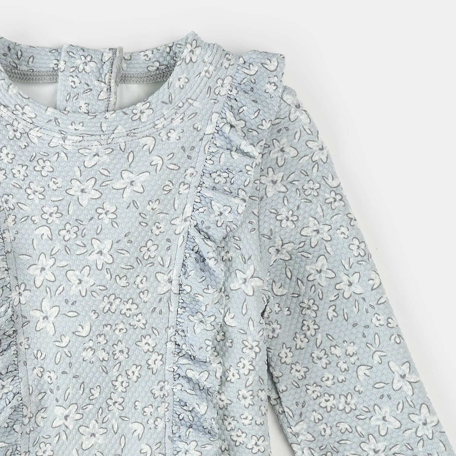 Vintage Flowers Print on Powder Blue Long-Sleeve One-Piece Swimsuit