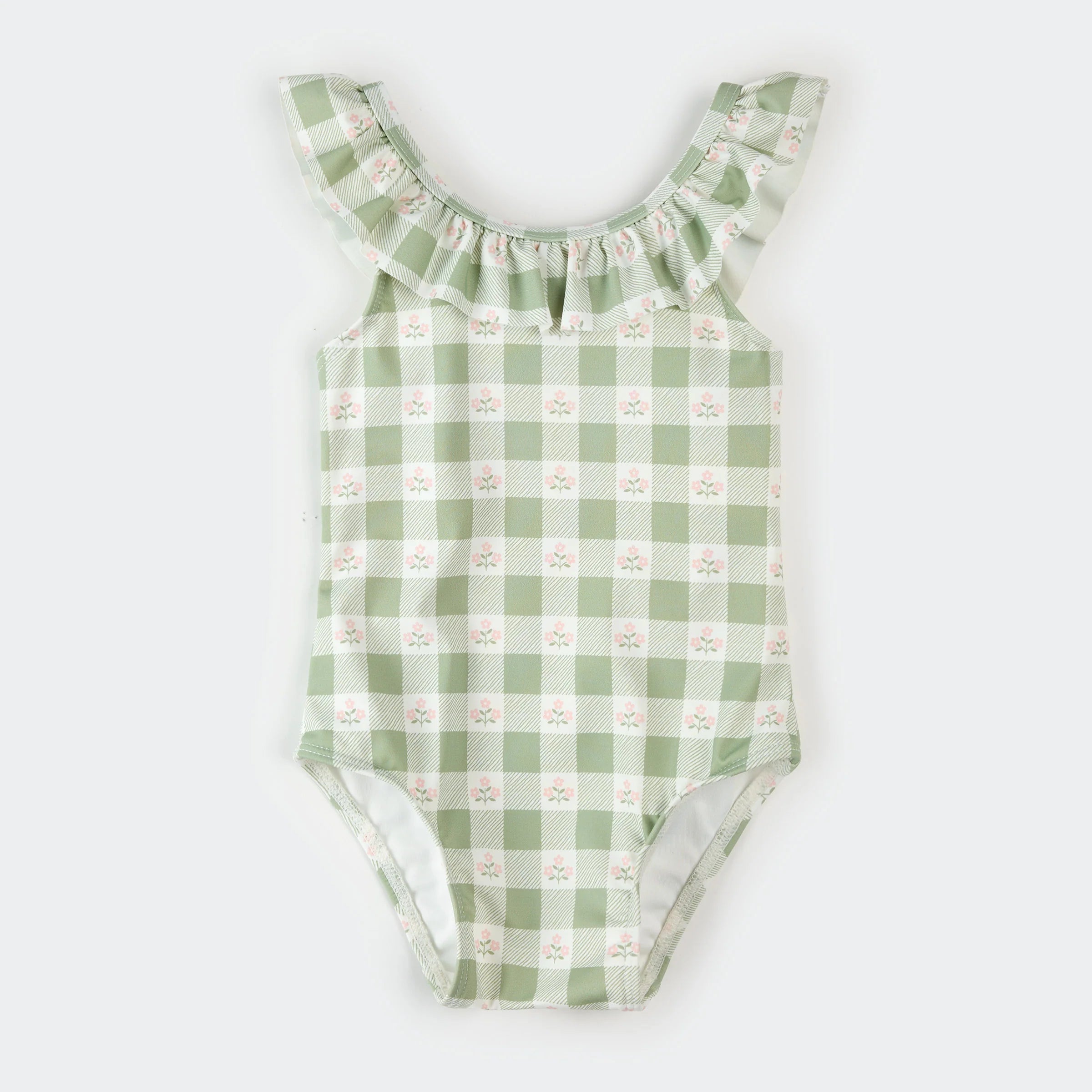 Flowers on Green Gingham Print Swimsuit