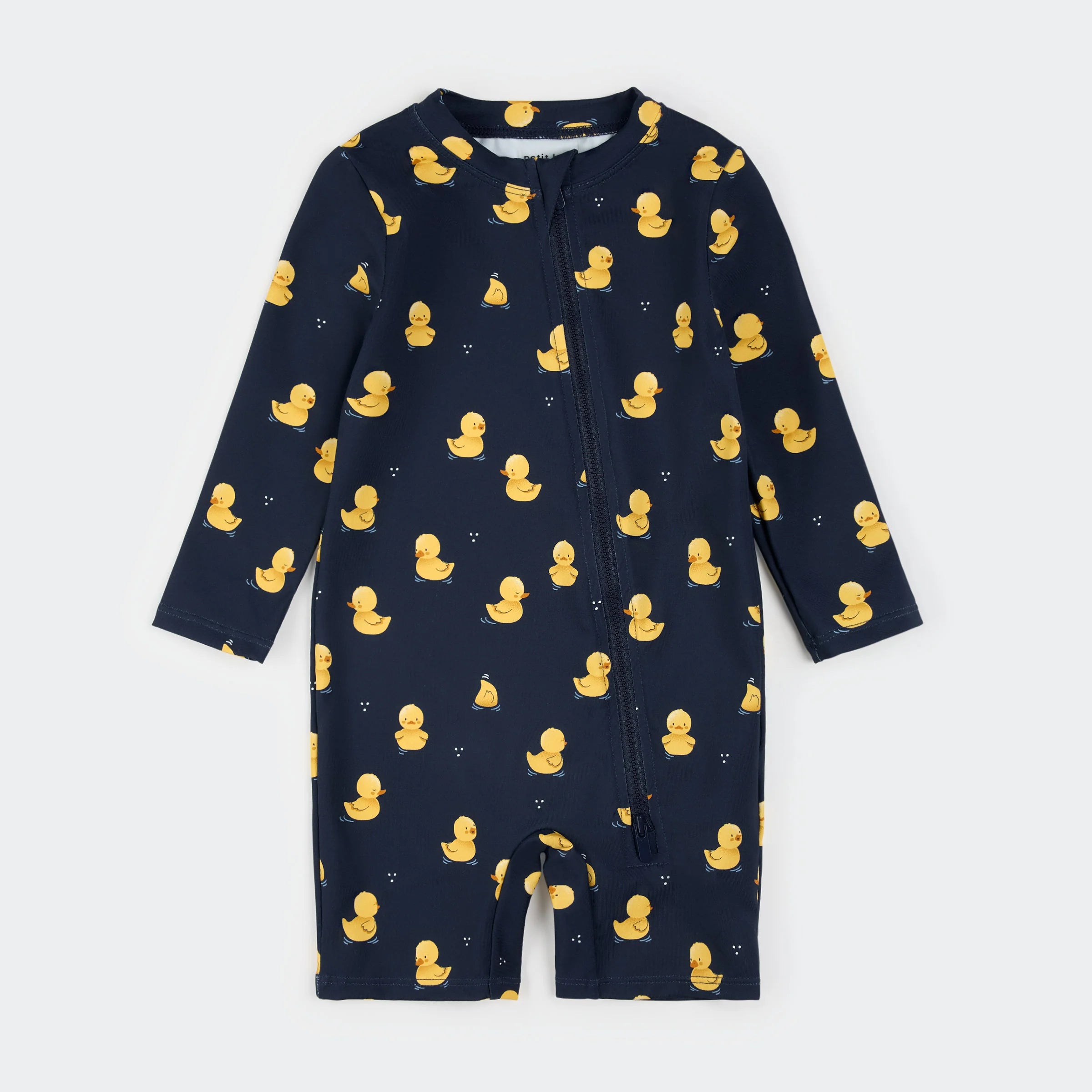 Rubber Ducks on Navy Long-Sleeve Swim Romper