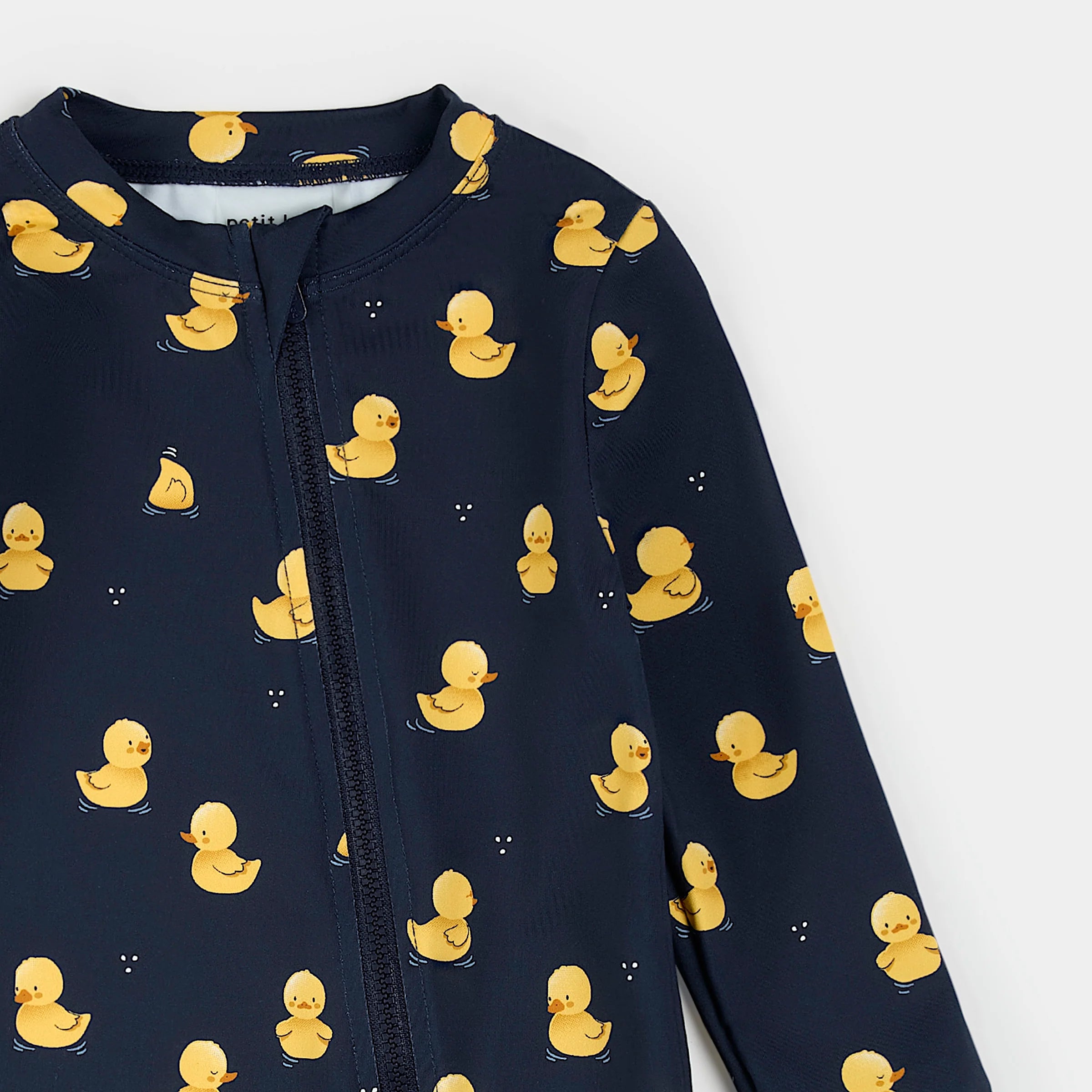 Rubber Ducks on Navy Long-Sleeve Swim Romper