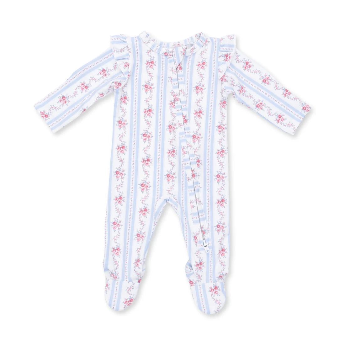 2 Way Zipper Ruffle Sleeve Footie | Anna Floral Stripe