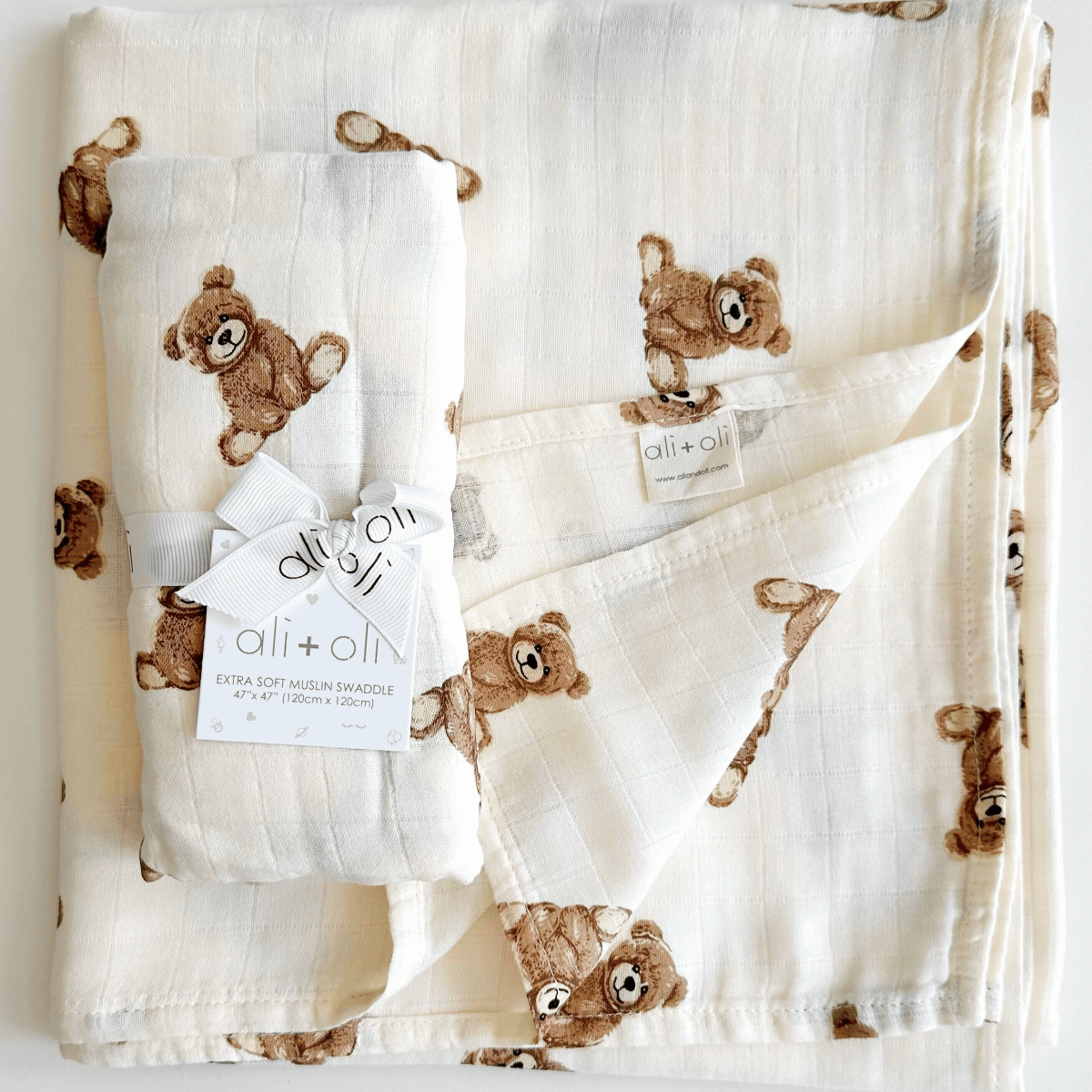 Bamboo Muslin Swaddle Baby Blanket | Teddy Bear