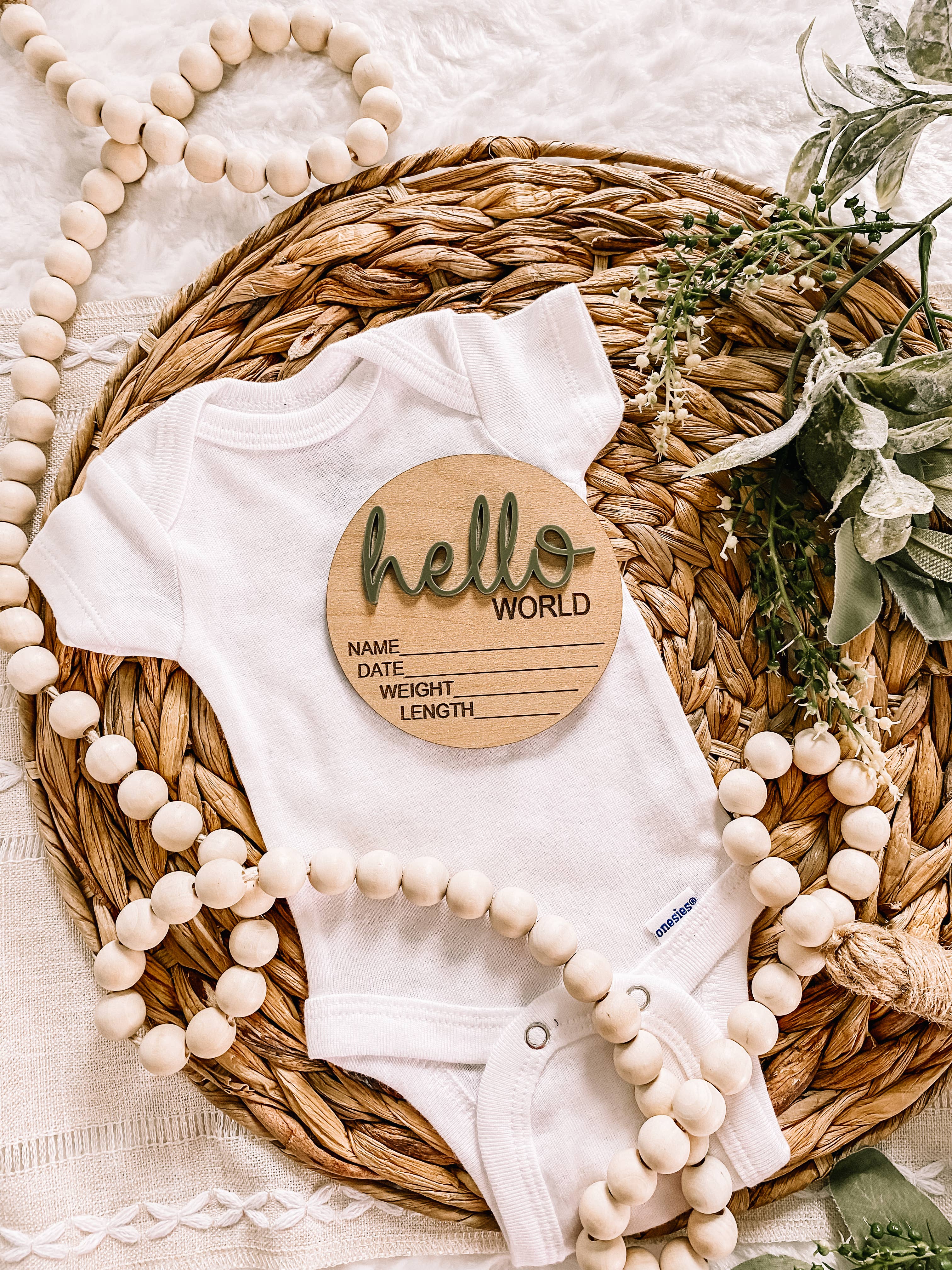 Hello World Birth Stat Announcement Wood Disc
