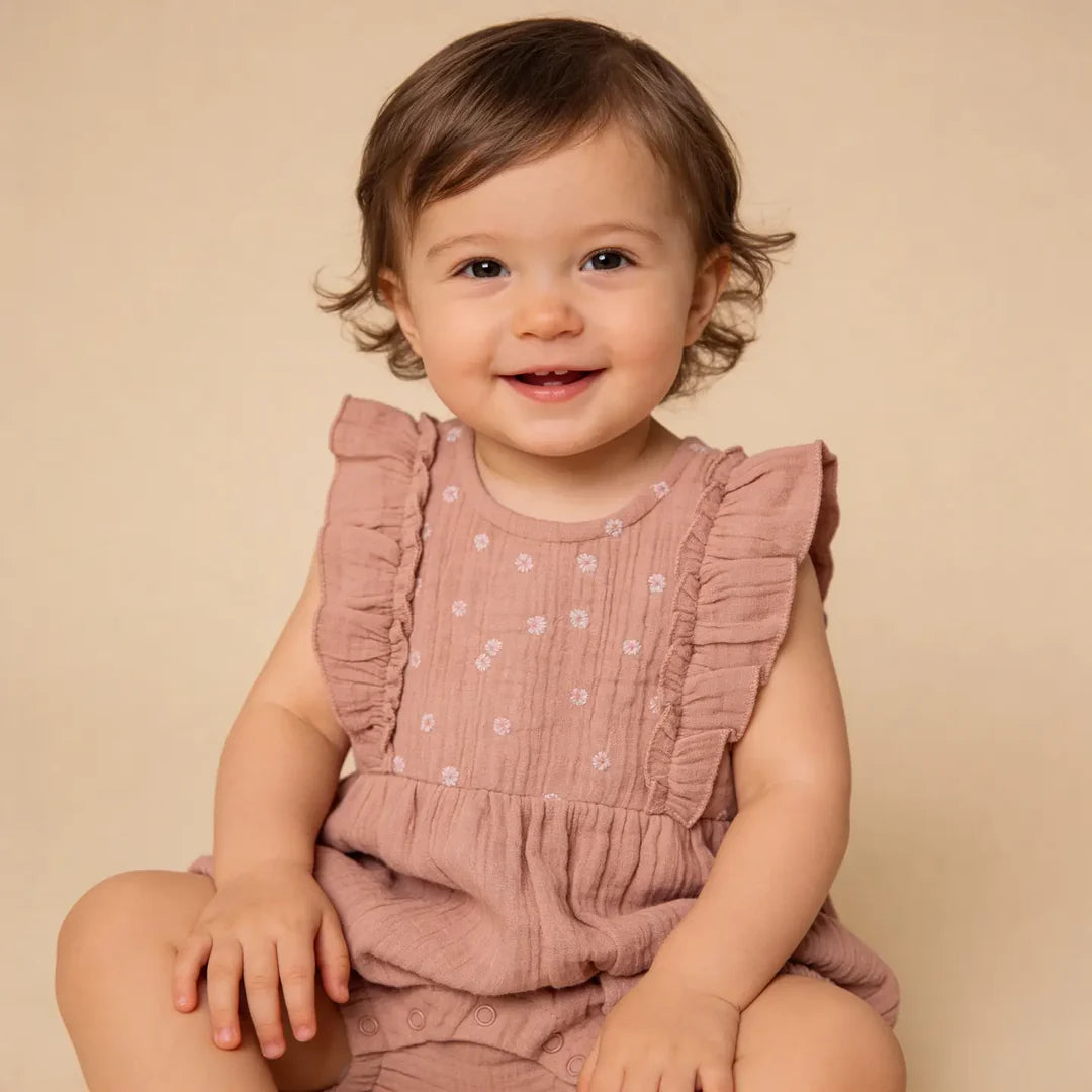 Embroidered Ruffle Romper | Clay