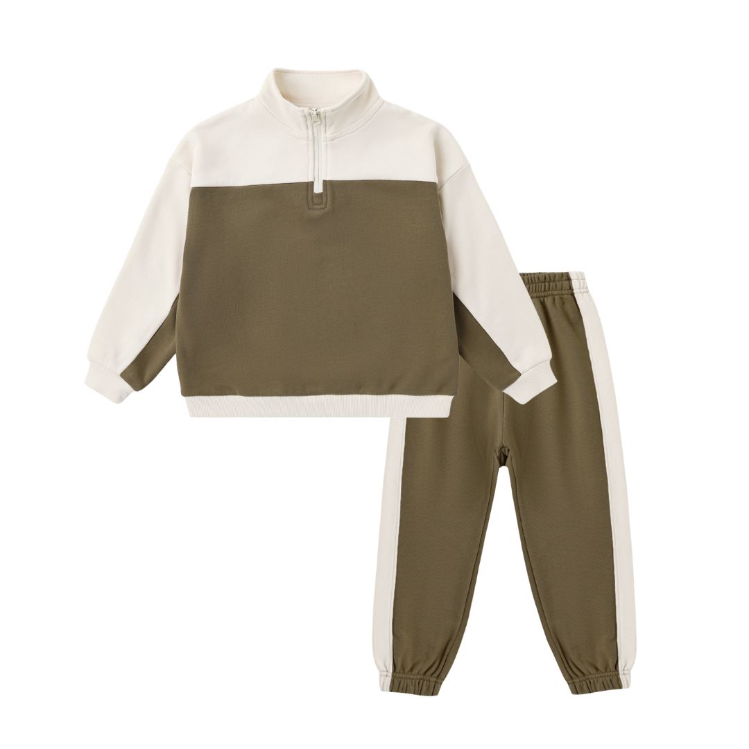 Quarter Zip Crew + Paneled Sweatpants | Olive