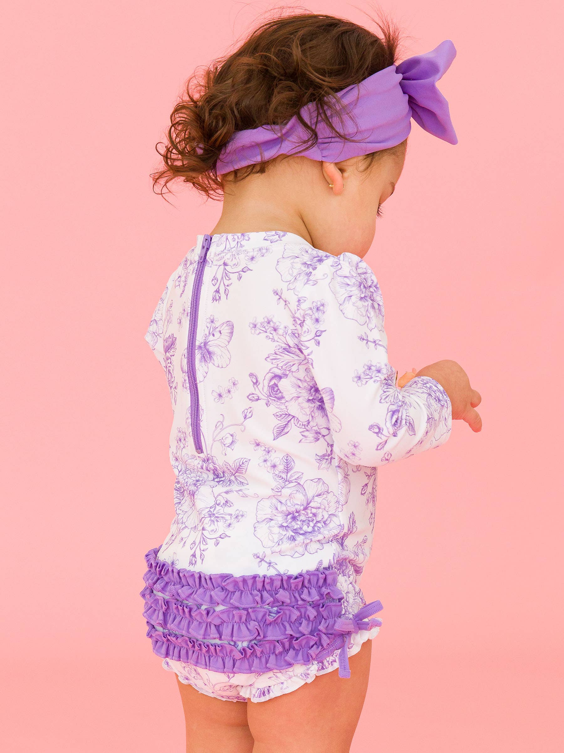 Wisteria Purple Butterfly Garden Toile Long Sleeve One Piece Swimsuit