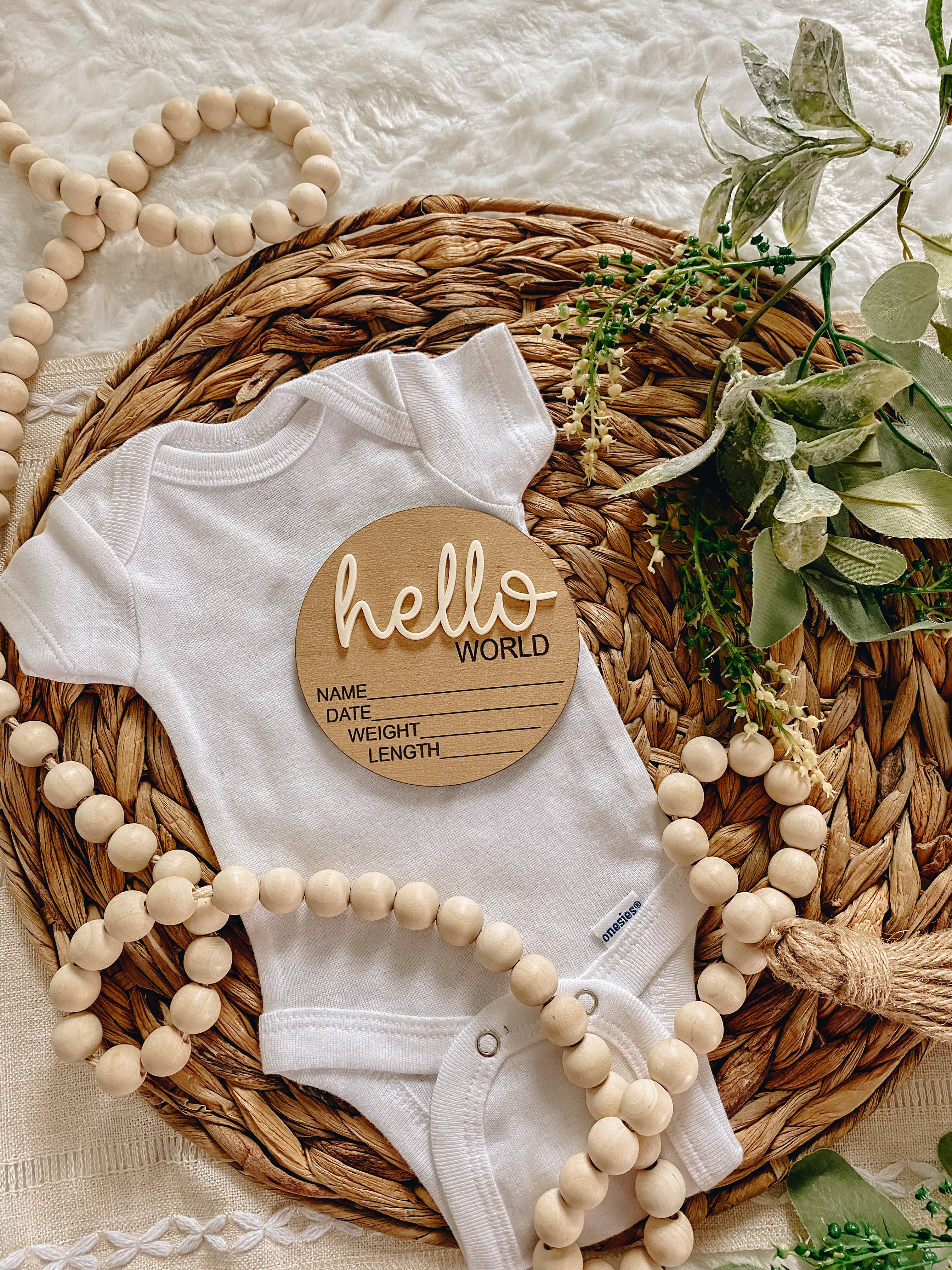 Hello World Birth Stat Announcement Wood Disc