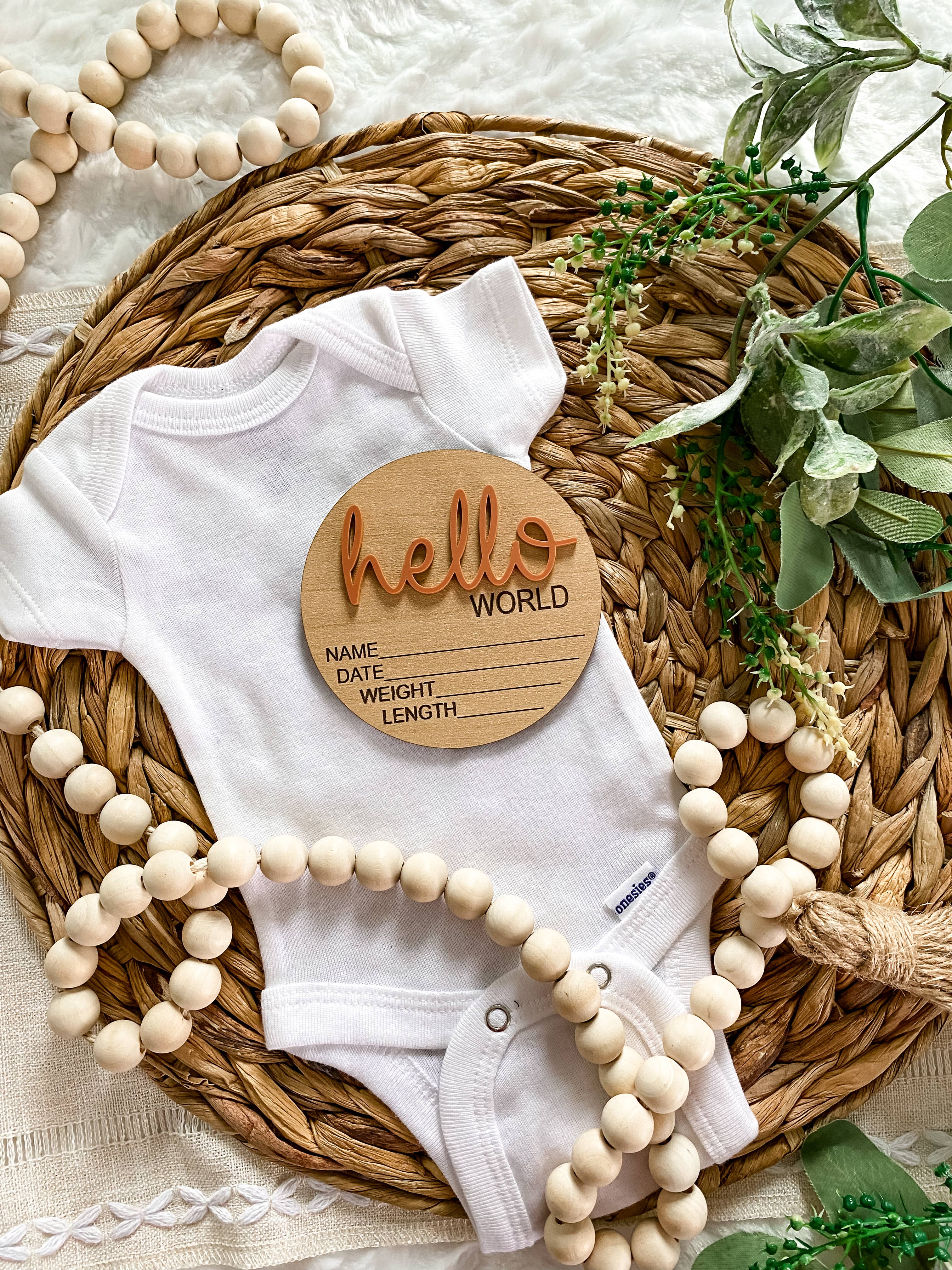 Hello World Birth Stat Announcement Wood Disc
