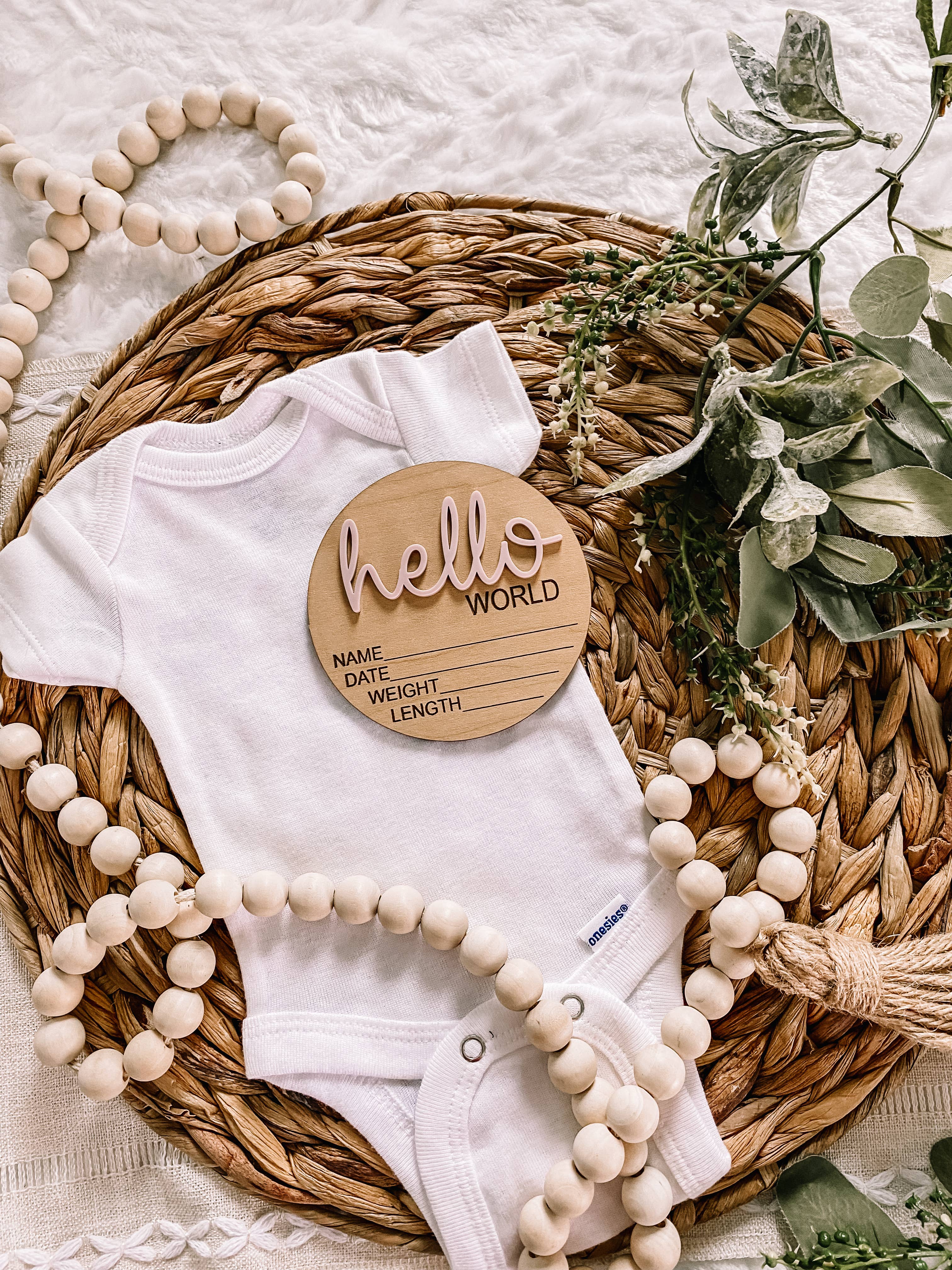 Hello World Birth Stat Announcement Wood Disc