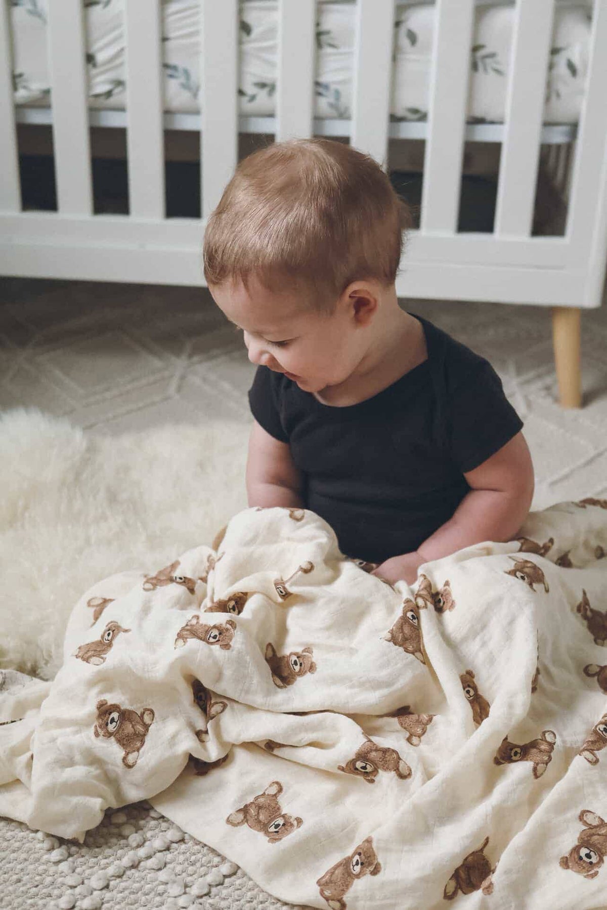 Bamboo Muslin Swaddle Baby Blanket | Teddy Bear