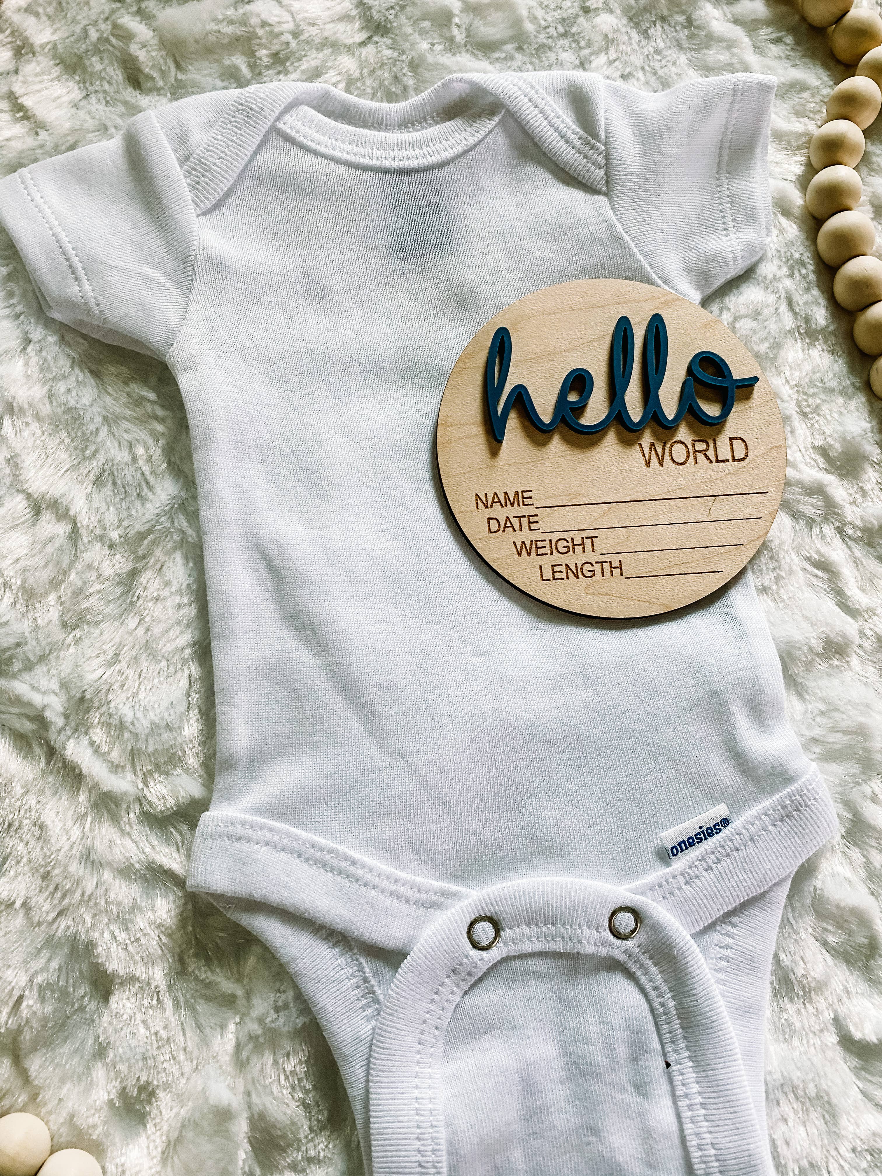 Hello World Birth Stat Announcement Wood Disc