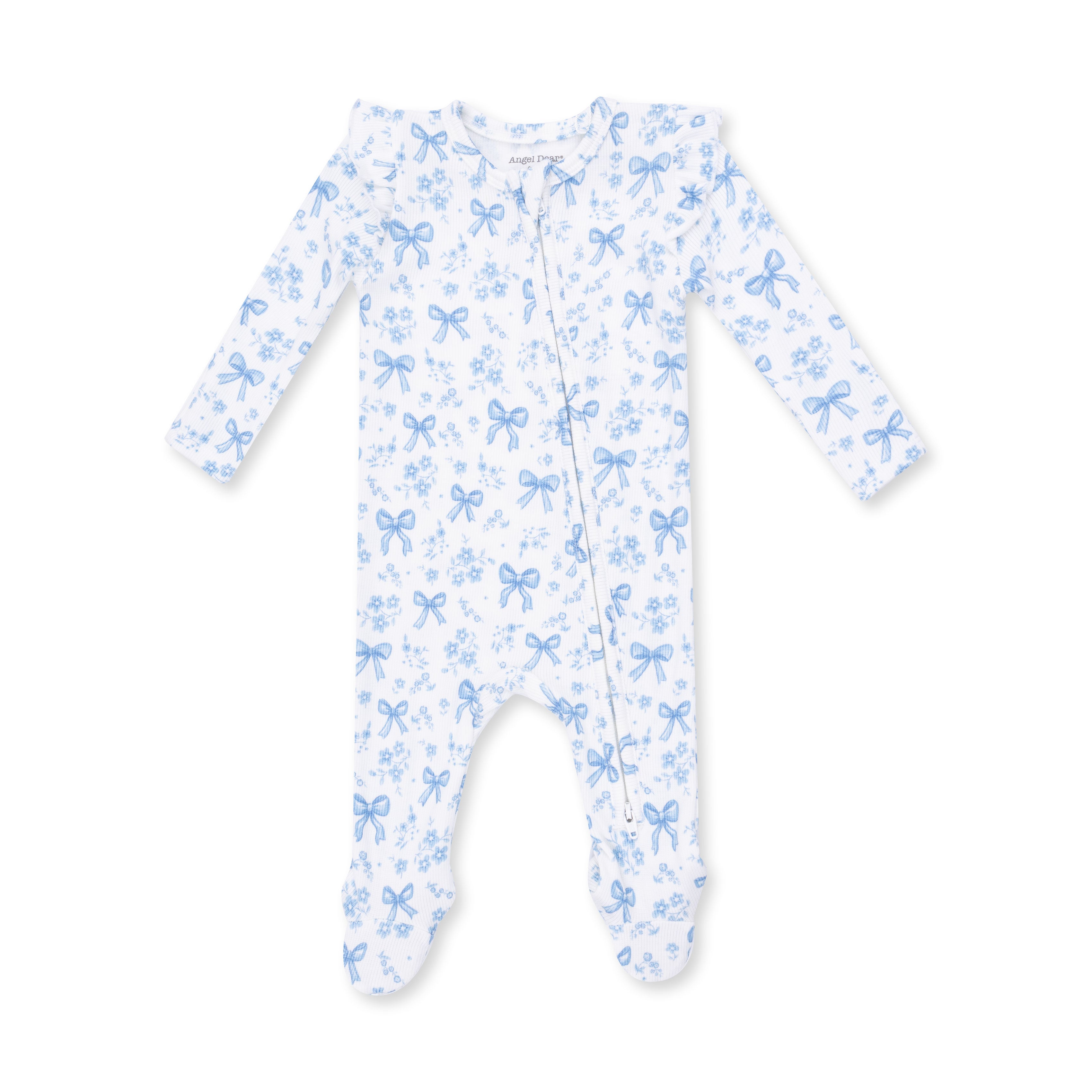 2 Way Zipper Ruffle Sleeve Footie | Blue Bows & Flowers