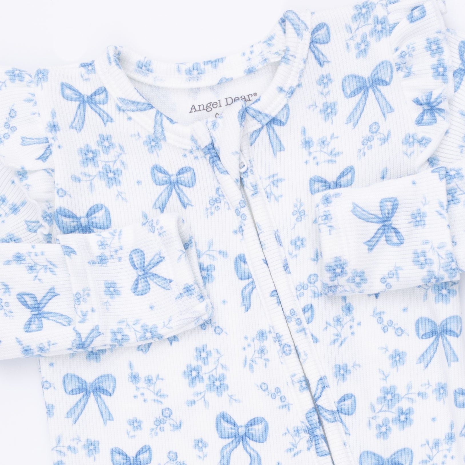 2 Way Zipper Ruffle Sleeve Footie | Blue Bows & Flowers